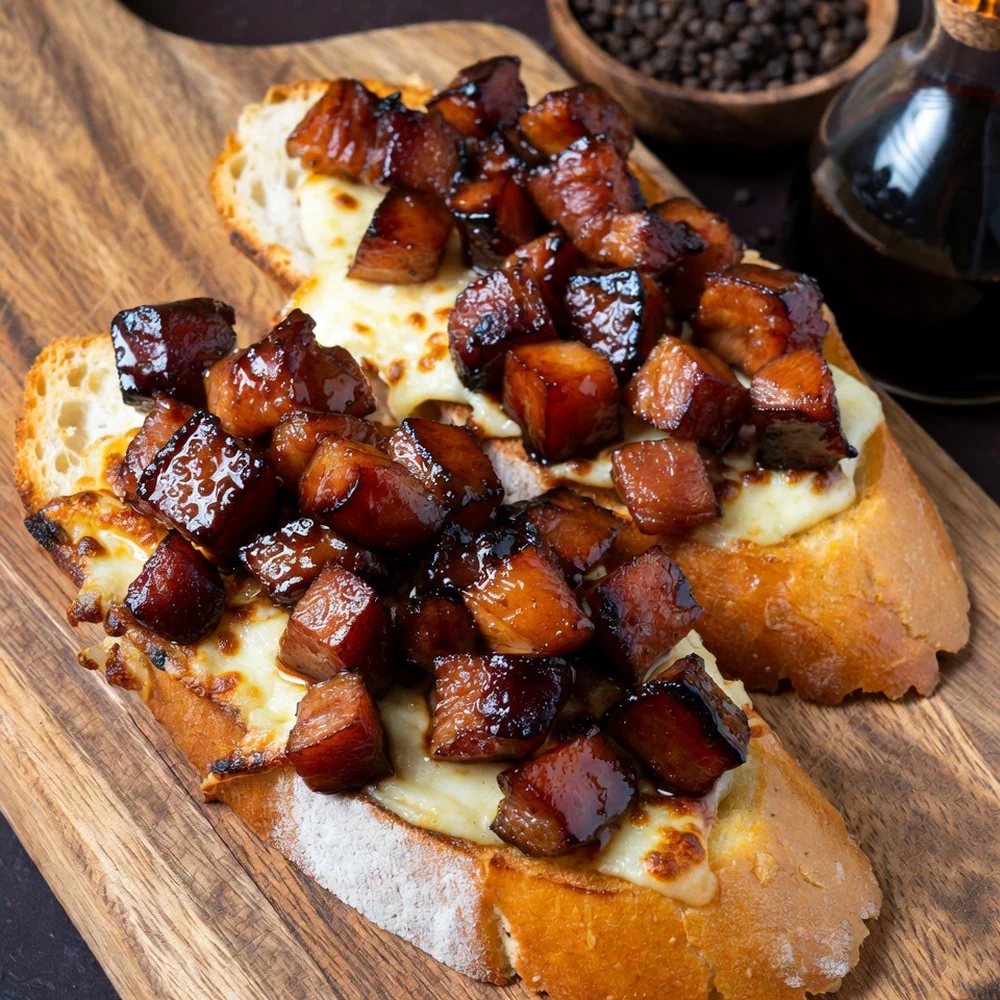Raclette Toasts with Caramelized Pork